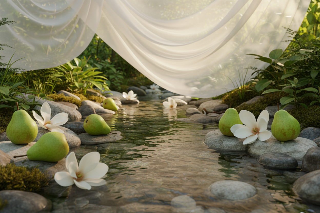 A peaceful natural scene by clear flowing water with smooth stones, fresh green pears, white magnolia flowers, and soft sunlight filtering through sheer fabric. Light, airy, calming atmosphere with natural greens and soft whites, clean and refreshing luxury aesthetic.