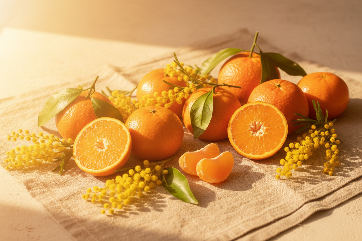 A radiant sunlit scene with fresh mandarin oranges (whole and sliced) arranged on a warm stone or linen surface, delicate yellow mimosa flowers gently scattered around. Golden sunlight streaming across the scene creating soft flares and warm glow, evoking the feeling of sunshine and warmth. Bright yet elegant luxury aesthetic, fresh and uplifting atmosphere with soft shadows and warm golden tones.