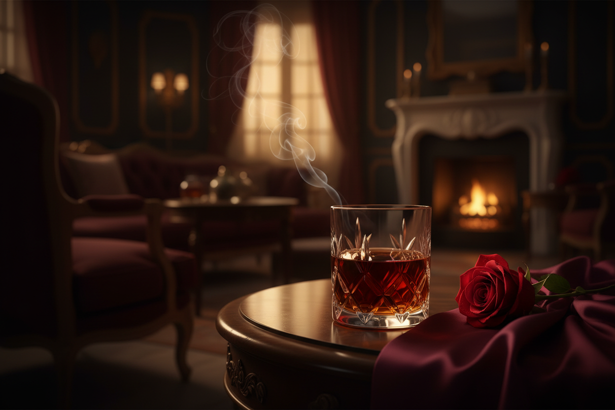 A sensual, dimly lit luxury lounge scene with a crystal glass of dark amber liquor on a polished marble or dark wood table, soft smoke curling through the air, a single red rose or silk fabric draped nearby. Warm golden highlights reflecting in the glass, deep shadows, intimate atmosphere, rich tones of burgundy, amber, and black. Cinematic lighting, seductive yet elegant luxury aesthetic.