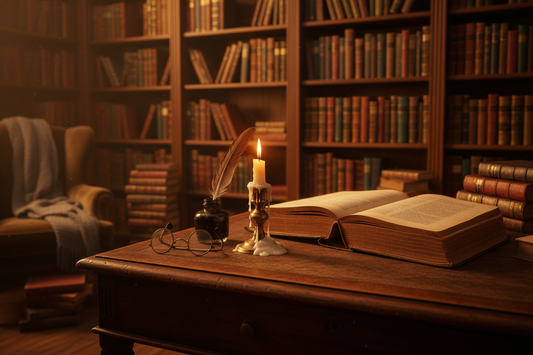 MÉMOIRE – Nostalgic Library Atmosphere
Prompt description:
A warm, moody vintage library scene with an open old book resting on a wooden desk, soft candlelight glowing nearby, leather-bound books stacked in the background, antique glasses and an ink bottle beside the book. Rich brown tones, golden light, cozy and nostalgic atmosphere, cinematic lighting, luxury aesthetic.