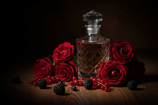 ROSELLE NOIR – Dark Rose & Berries
Prompt description:
A dramatic still life with deep red roses, dark currants or black berries scattered around a crystal perfume bottle on a dark wooden surface. Rich shadows, moody lighting, velvety textures, luxurious and seductive atmosphere with deep reds and blacks.